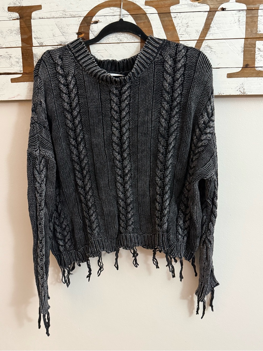 HYFVE Charcoal Cable-Knit Fringe Crewneck Sweater